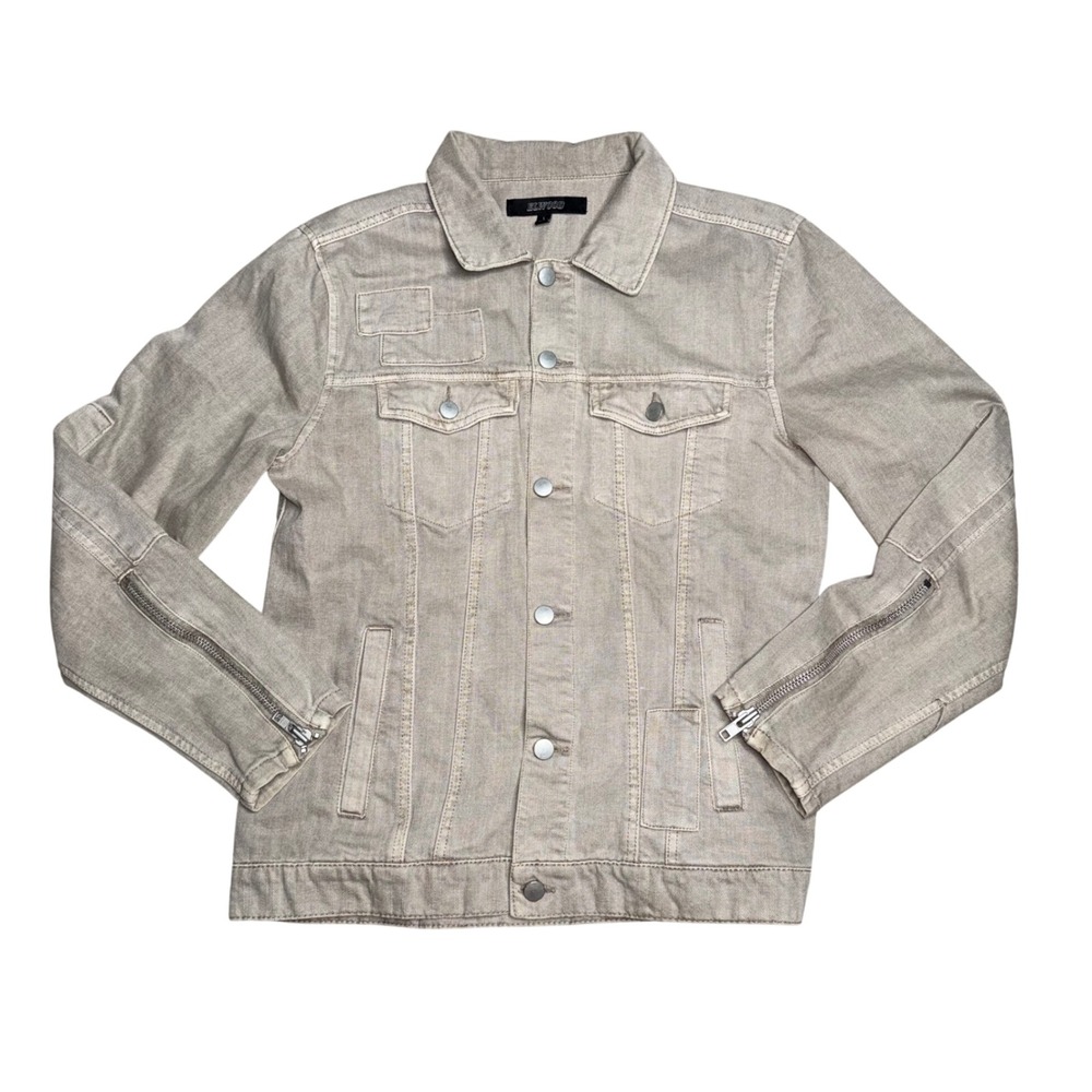 Elwood Denim Jacket Mens Large Khaki Grey Excellent Zipper Sleeve Patch Detail